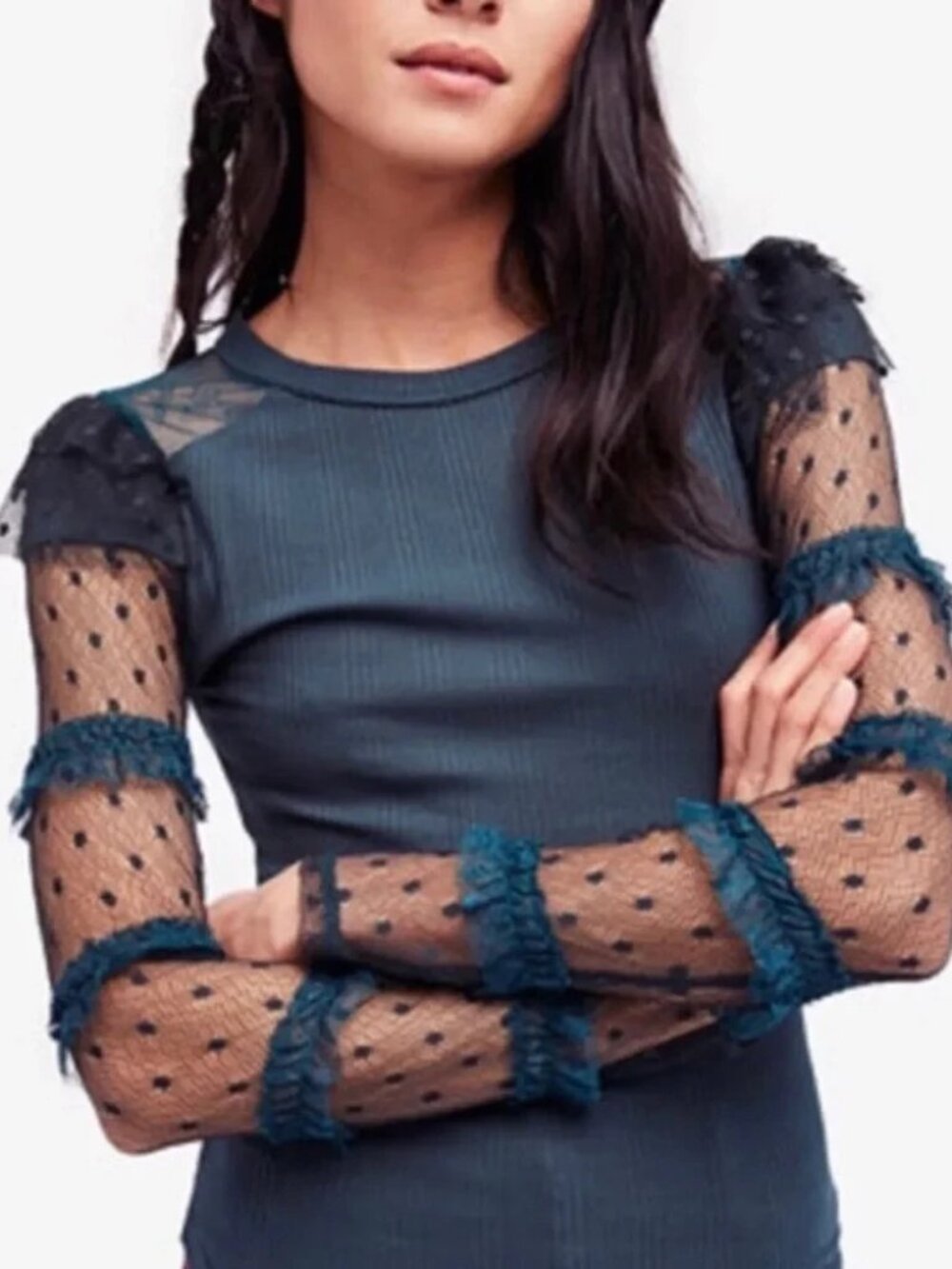 Free People Kiss Kiss Ruffle Lace Jersey Top Sheer Sleeves S/M? Dark Teal Green - Picture 5 of 5